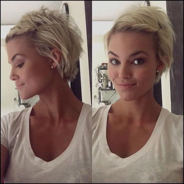 blonde hair, short pixie cuts, white top, side by side photos