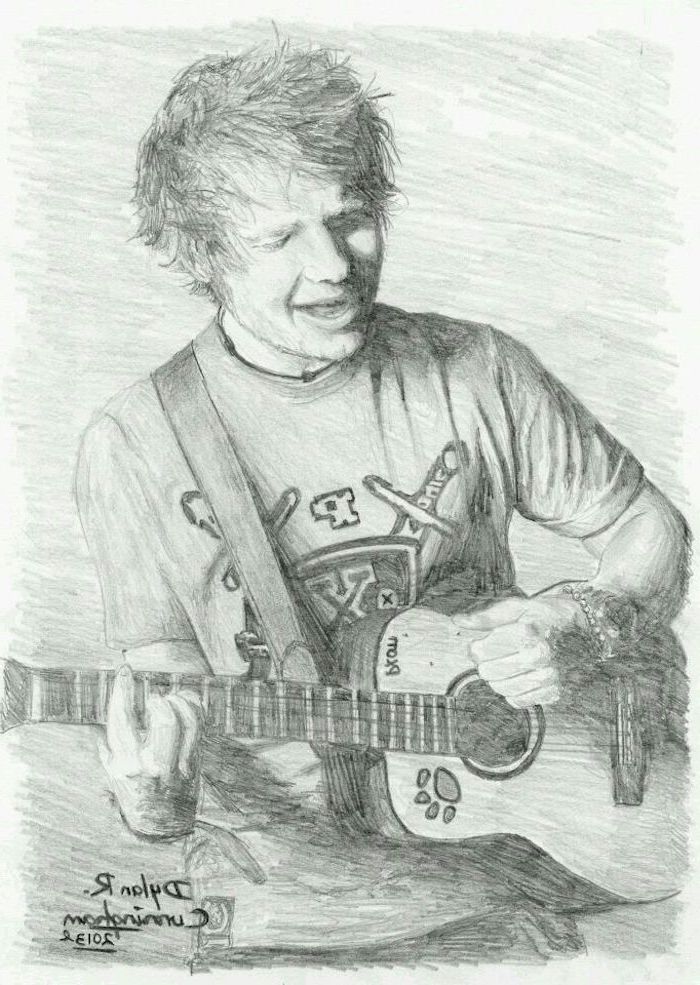 ed sheeran singing, playing the guitar, cute simple drawings, black and white, pencil sketch