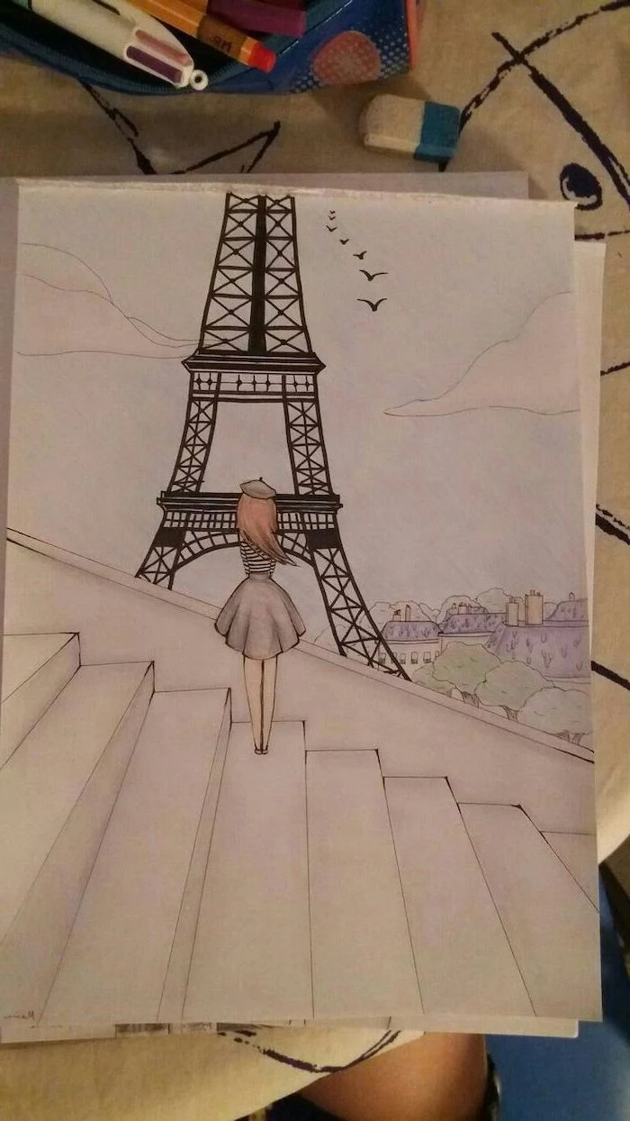 girl standing on stairs, looking at the eiffel tower, cute simple drawings, coloured pencils drawing, cool things to draw for beginners