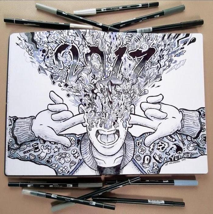 man with exploding brain, doodle art, cute simple drawings, black and white, pencil sketch