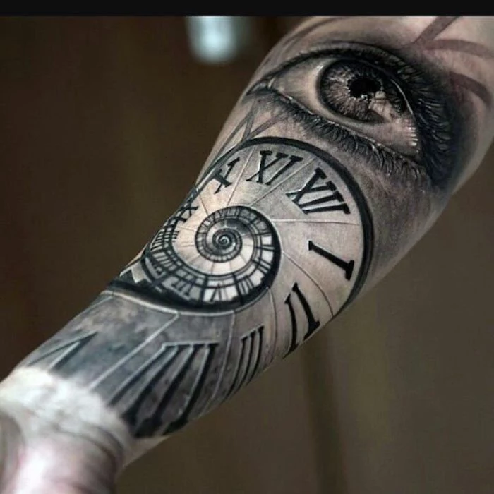 clock and an eye, forearm tattoo, roman numeral tattoo ideas