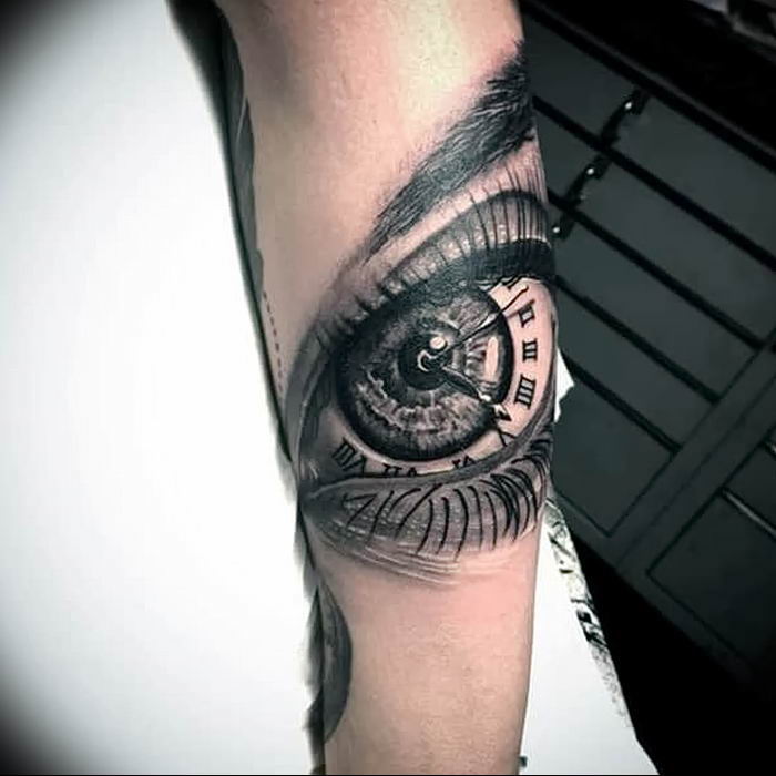 eye and a clock, side arm tattoo, roman numeral tattoos meaning, white background