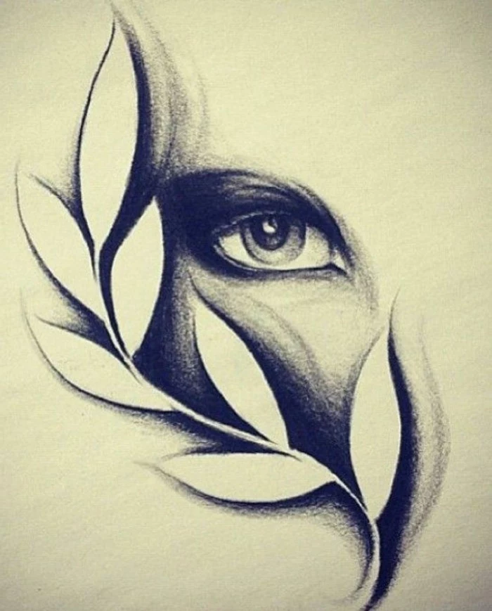 eye and a leaf, black and white, pencil sketch, how to draw lips