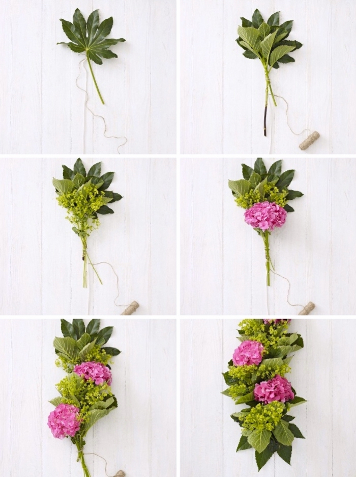 candle decoration, white wooden background, floral table runner, pink hydrangeas, green leaves