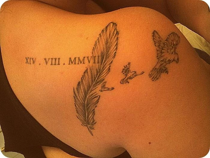 roman numeral tattoos meaning, shoulder tattoo, birds and a feather