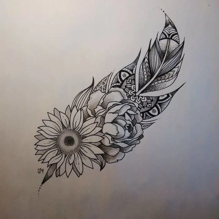 feather and sunflower, rose drawing, black and white sketch, white background, lotus mandala tattoo