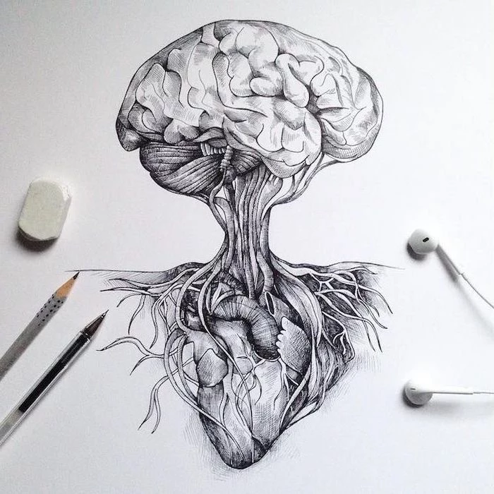 fight between the heart and the brain, easy things to draw step by step, black and white, pencil sketch