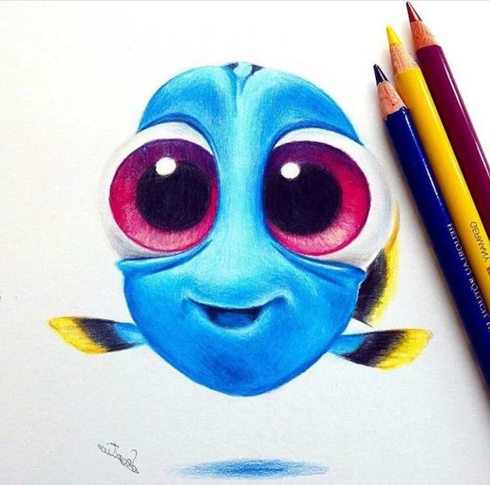easy things to draw step by step, finding dory inspired, coloured pencils sketch, blue fish