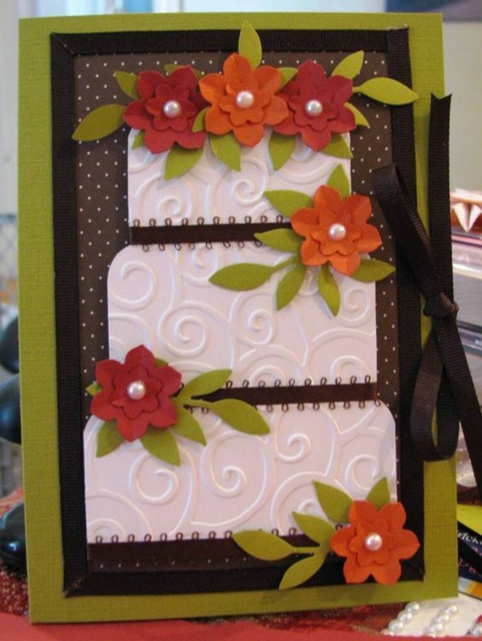 brown and green card stock, white cake card stock, paper flowers, how to make a birthday card, green leaves