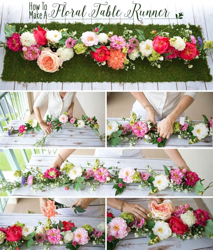 floral table runner, step by step, diy tutorial, fall flower arrangements, side by side photos, wooden table