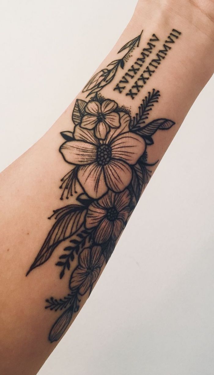 flowers forearm tattoo, roman numeral tattoos meaning, white background