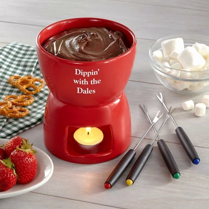 fondue station, personalized housewarming gifts, marshmallows in a bowl, pretzels and strawberries