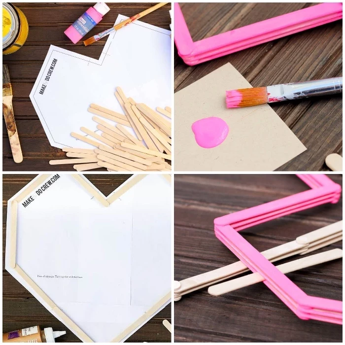canvas art ideas, step by step, diy tutorial, pink paint, wooden sticks, forming a heart, on a wooden table