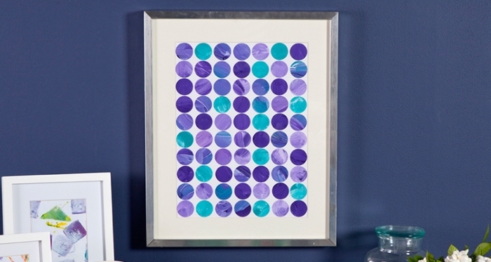 framed white canvas, blue and purple circles, arranged symmetrically, canvas art ideas