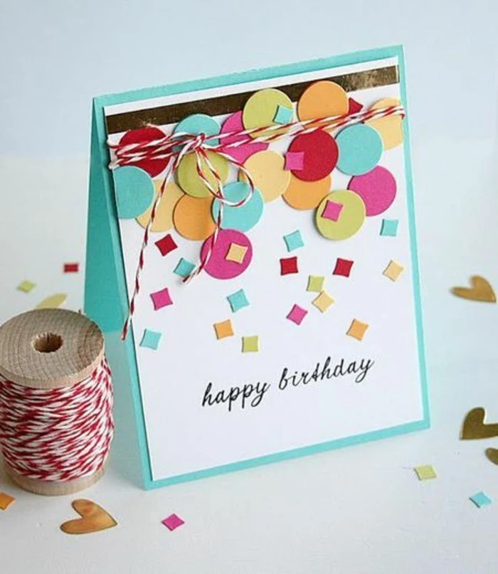turquoise and white, card stock, birthday card ideas for dad, colourful geometrical shape, red and white strand