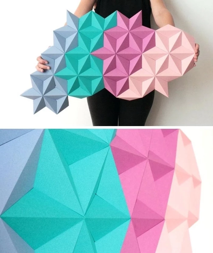 geometrical design, paper stars, glued together, canvas art ideas, pink turquoise and purple paint