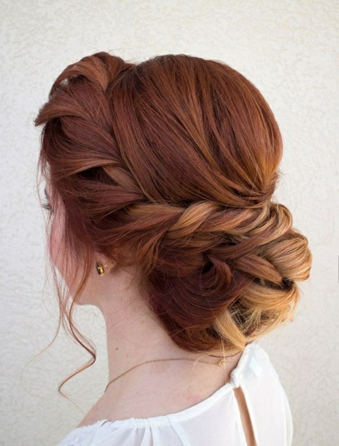 ginger blonde ombre hair, in a low updo, braided bun, prom hairstyles for long hair, white top