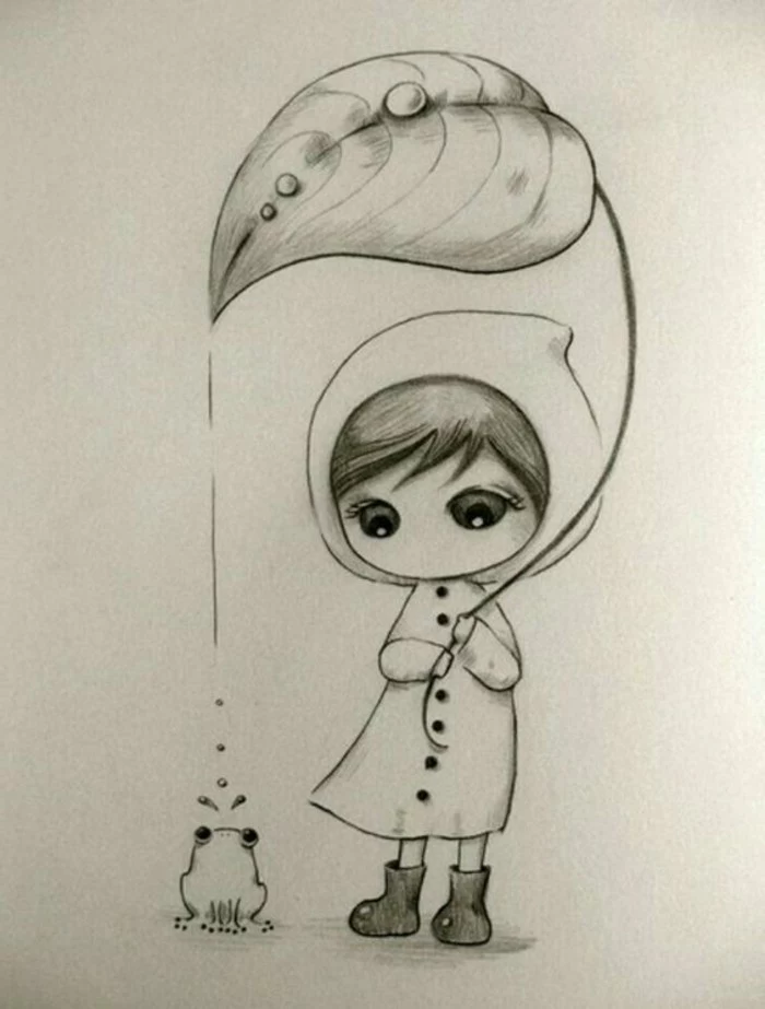 how to draw lips, girl holding a large leaf, over a small frog, black and white, pencil sketch