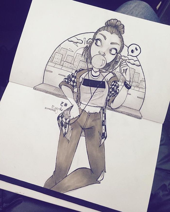girl listening to music, wearing jeans and a crop top, easy things to draw step by step, pencil sketch, cool pictures to draw for beginners
