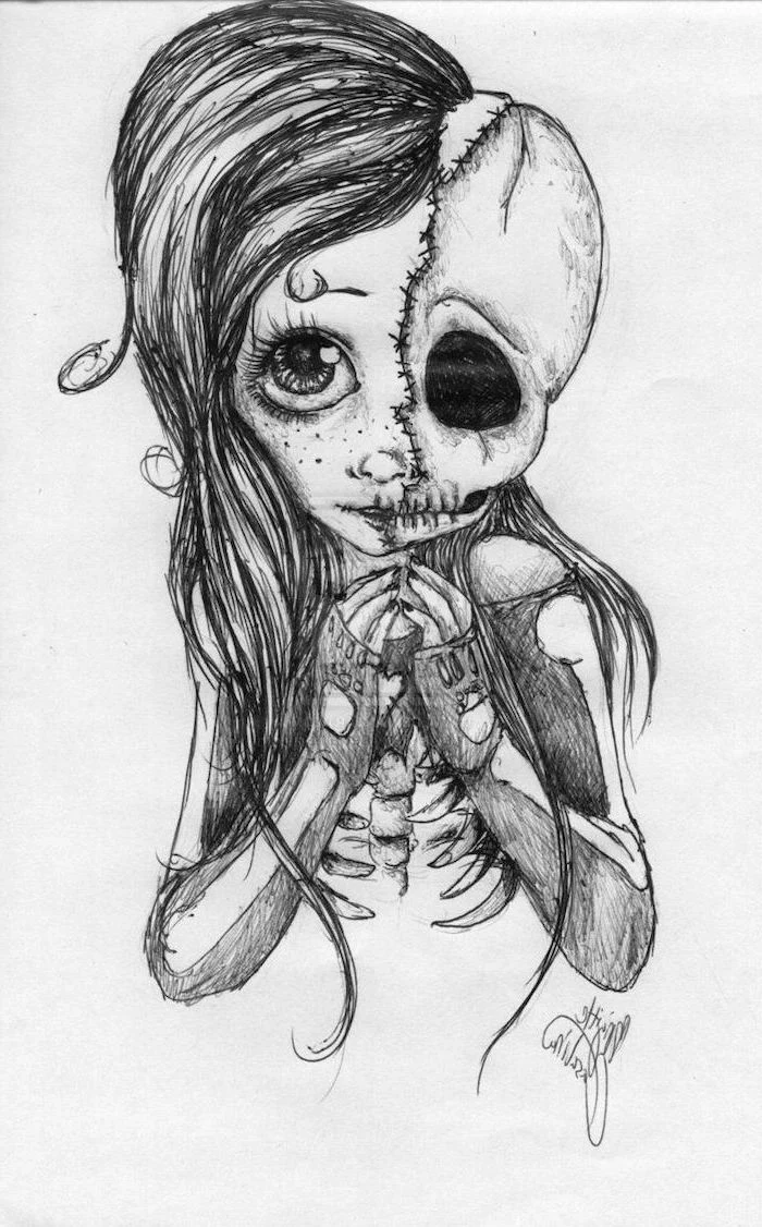 split drawing, half girl, half skull, easy things to draw when your bored, black and white, pencil sketch