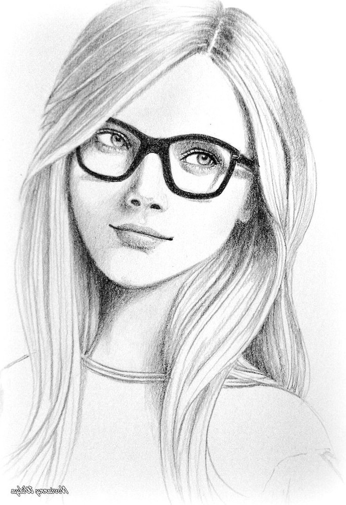 girl with glasses, long hair, black and white, pencil sketch, easy things to draw when your bored