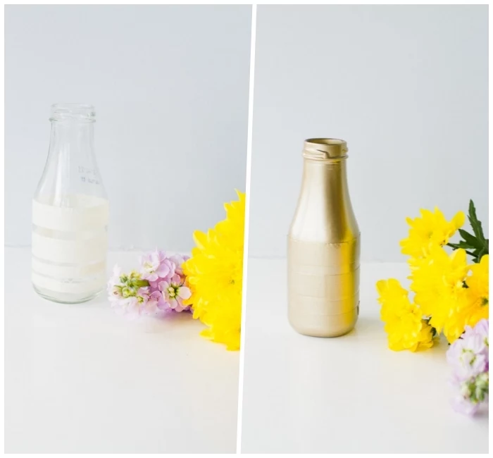 dining room centerpieces, glass bottle, painted in gold, white background, flower bouquets, diy tutorial