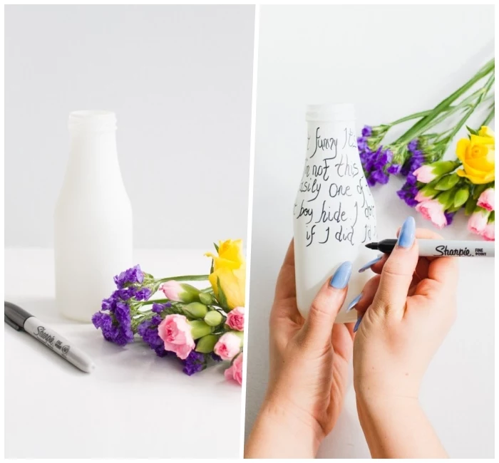 step by step, diy tutorial, glass bottle, painted in white, kitchen table centerpieces, white background