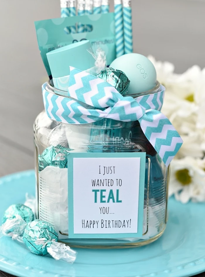 teal blue set, eos lip balm, lindt chocolate candies, glass jar, diy gifts for friends, turquoise plate