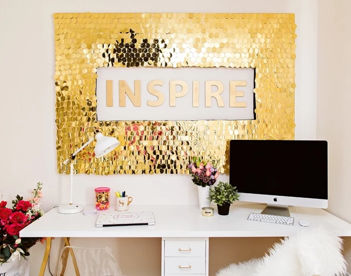 golden sequinned frame, inspire quote, diy canvas art, hanging over a white desk, on a white wall