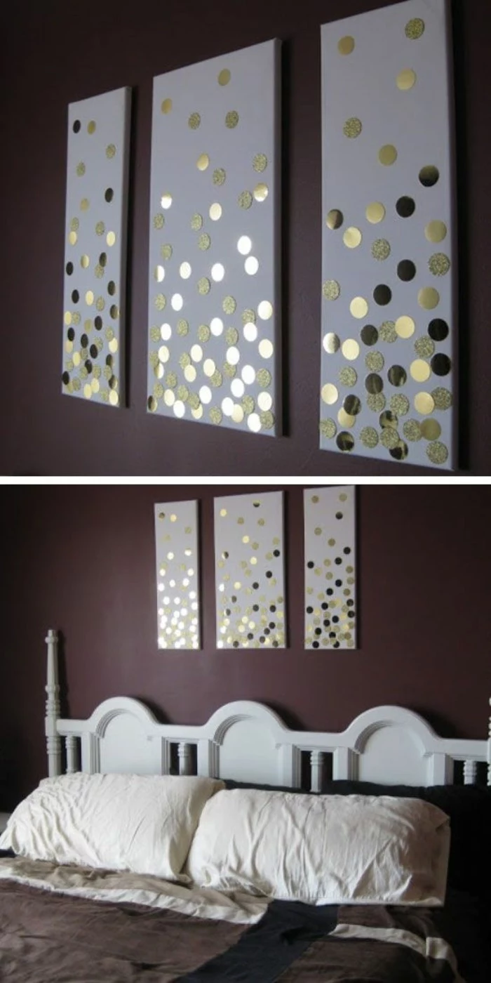 three separate white canvases, gold sequins scattered on them, wall art ideas for living room, over a bed