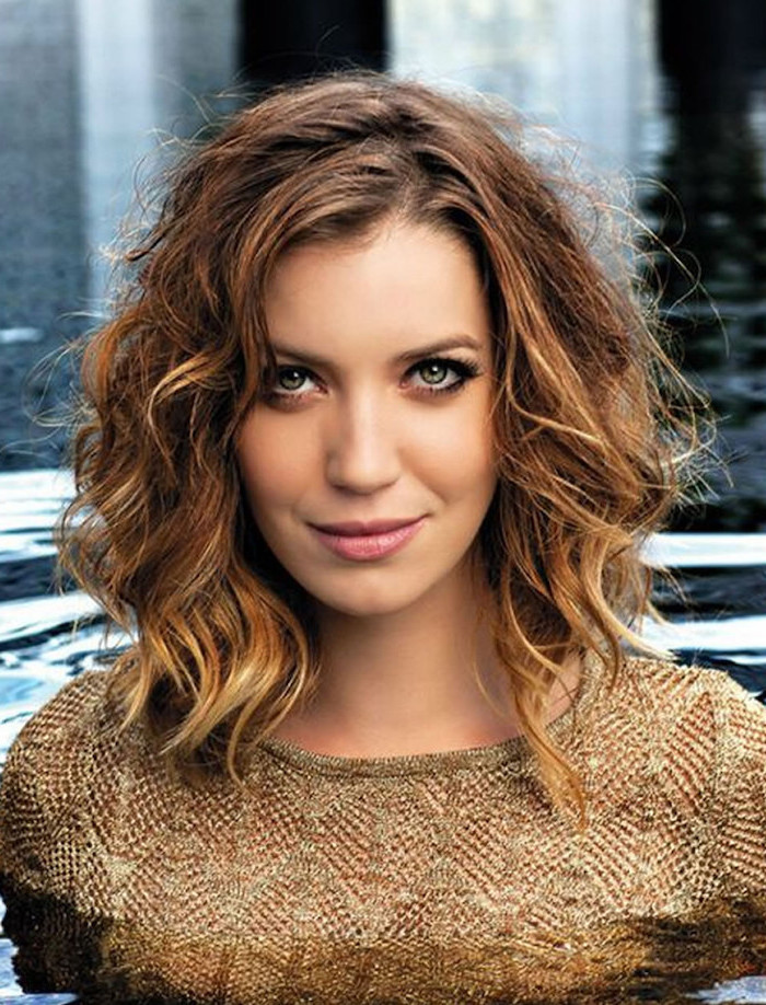 brown curly hair, with highlights, gold top, easy hairstyles for short hair, woman in water