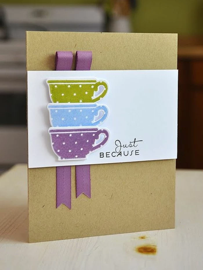 green blue and purple mugs, purple ribbon, birthday card ideas for dad, just because greeting card