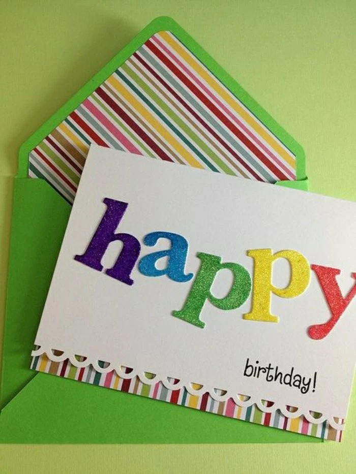 green envelope, glittery letters, green background, birthday card ideas for dad, white card stock
