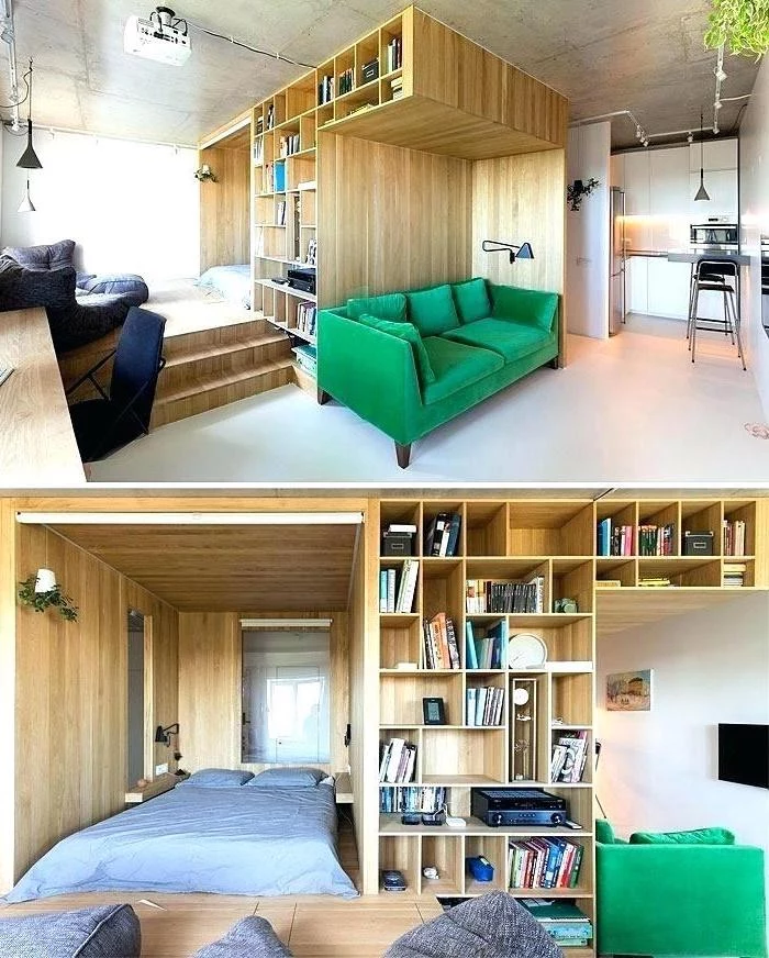 green velvet sofa, wooden bookshelves, living room furniture for small spaces, grey ottomans, white floor