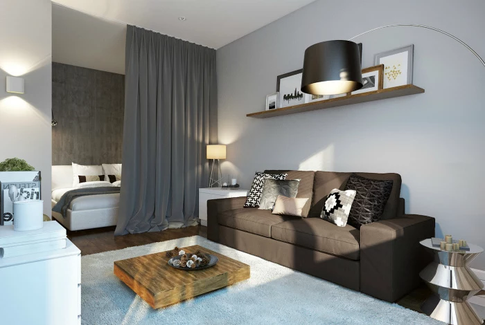living room furniture layout, grey curtains, grey leather sofa, white carpet, small wooden coffee table