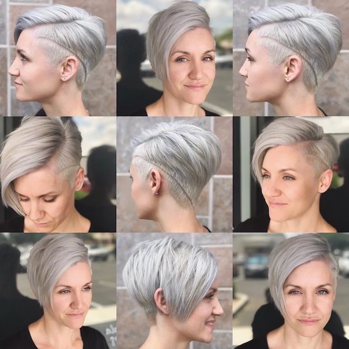 grey hair, pixie cut, side by side photos, easy hairstyles for short hair, black top