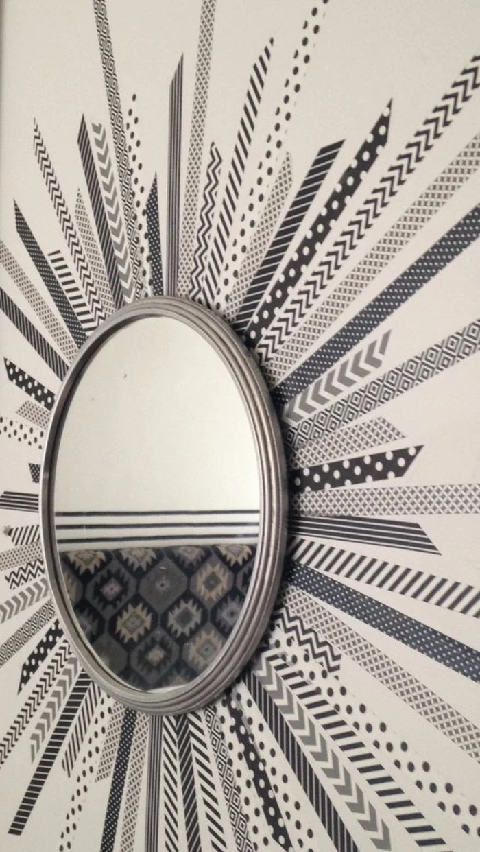 round mirror, grey frame, larger frame, made out of washi tape, wall art ideas for living room