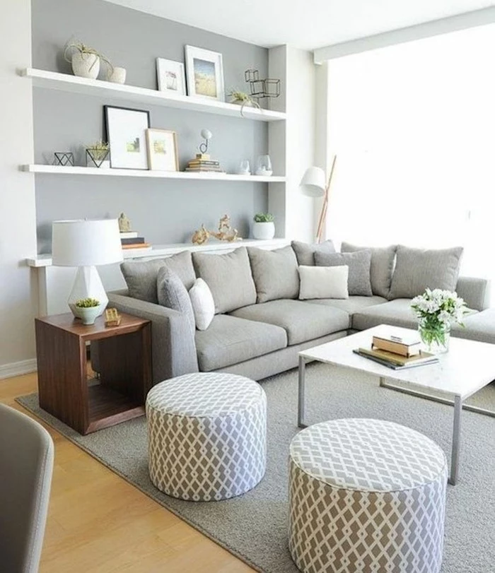 grey ottoman, hanging shelves, grey color schemes, grey corner sofa, white coffee table