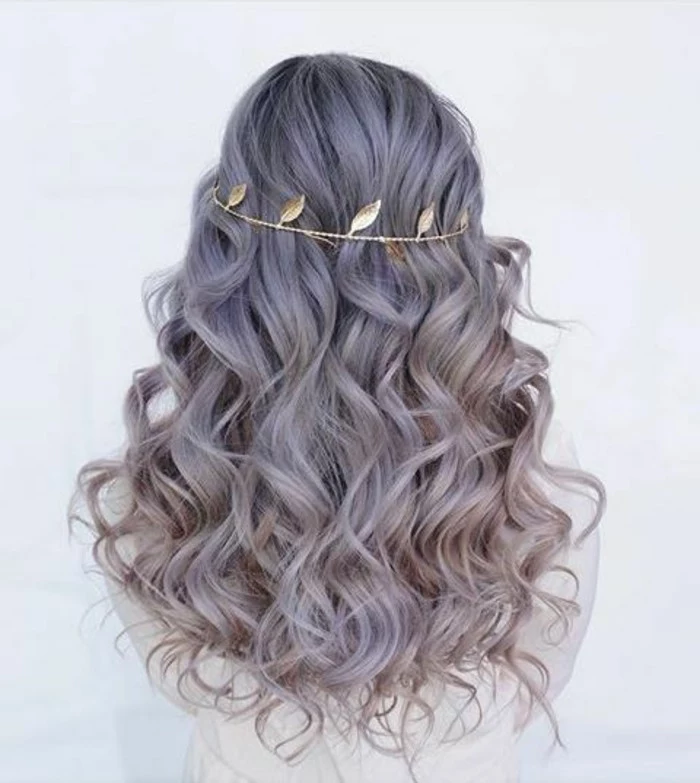 purple and grey, long wavy hair, golden hair accessory, updo hairstyles for prom, white top