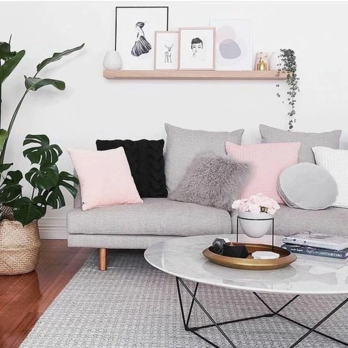 grey sofa, pink throw pillows, marble coffee table, wooden hanging shelf, grey living room walls