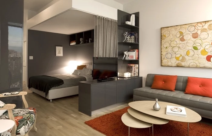 grey sofa, orange carpet, throw pillows, small room decor, grey curtains, black bookshelf divider, wooden floor