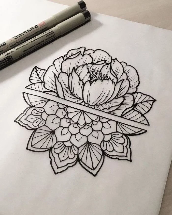 half rose, mandala tattoo design, black and white drawing, white backgorund