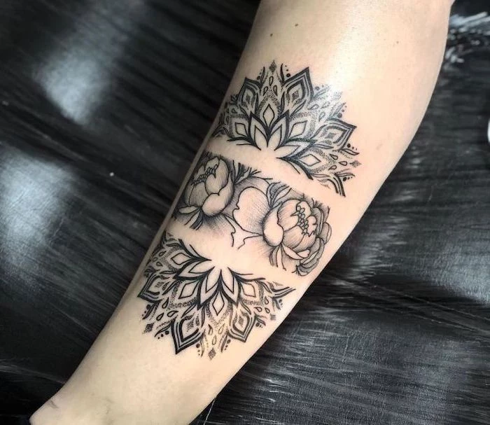 black background, leg tattoo, mandala tattoo design