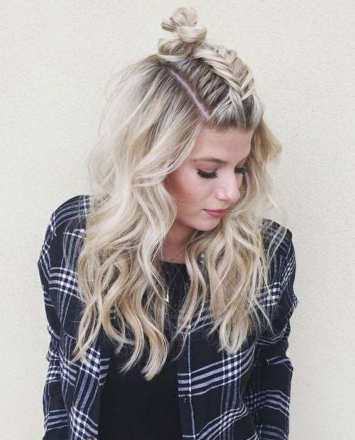 long blonde wavy hair, braid on top, messy bun, blue plaid shirt, updo hairstyles for prom
