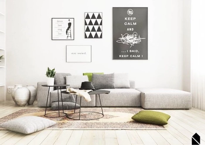 grey corner sofa, wooden floor, small room decor, white walls, small metal black, coffee tables