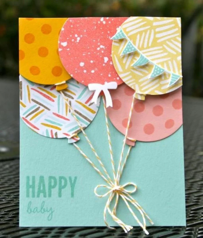happy baby, colourful patterned balloons, birthday card ideas for mom, turquoise card stock