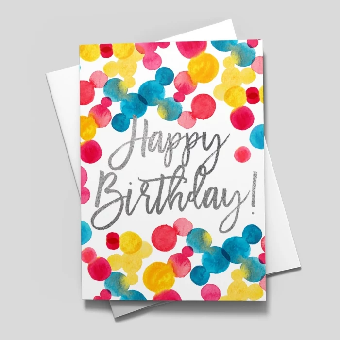 colourful dots, drawn on white card stock, funny happy birthday cards, white envelope