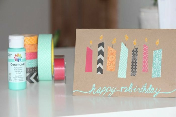 colourful candles, made out of washi tape, birthday card ideas for mom, white table, turquoise paint