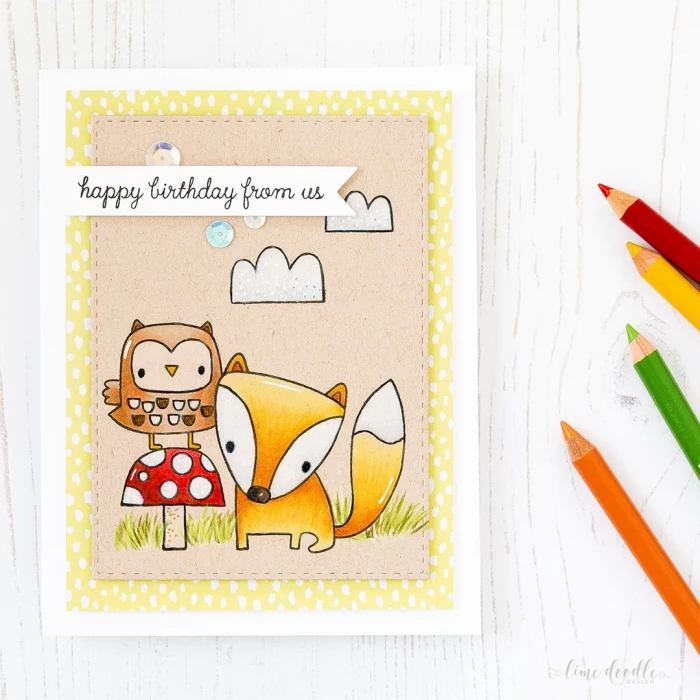 happy birthday from us, greeting card, handmade cards, owl standing on a mushroom and a fox