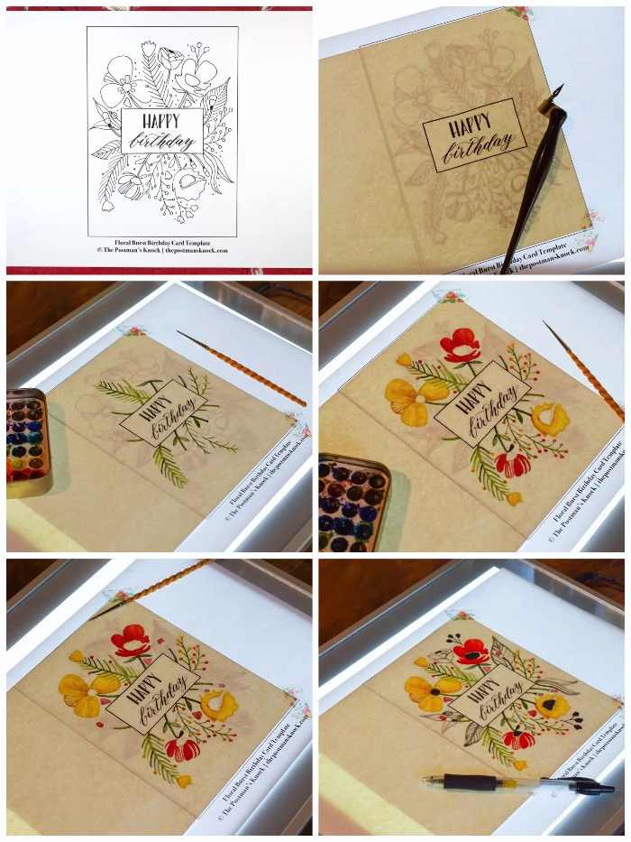 step by step, diy tutorial, birthday greeting cards, floral print out, coloured with paint